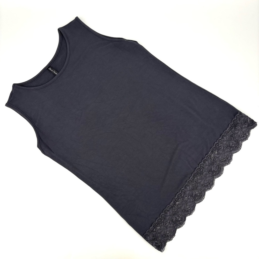 Black Swan Charcoal Grey Wide Shoulder Lace Hem Round Neck Tank Top, XL
